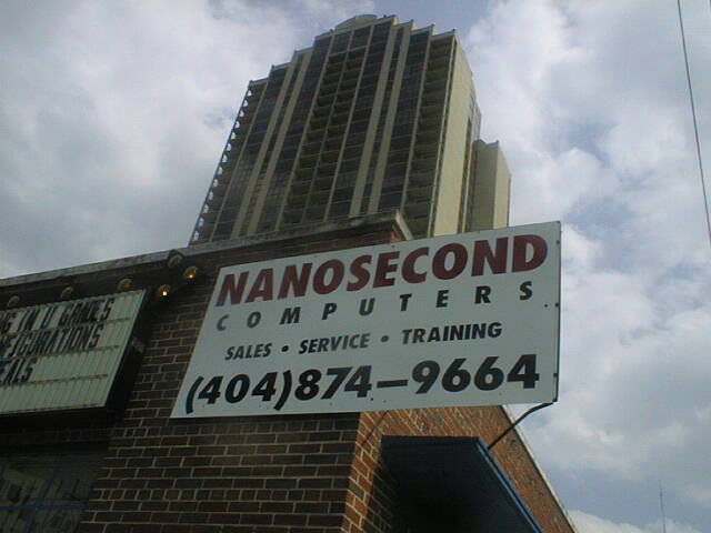 The NanoSecond Computers sign outside the Midtown Atlanta shop